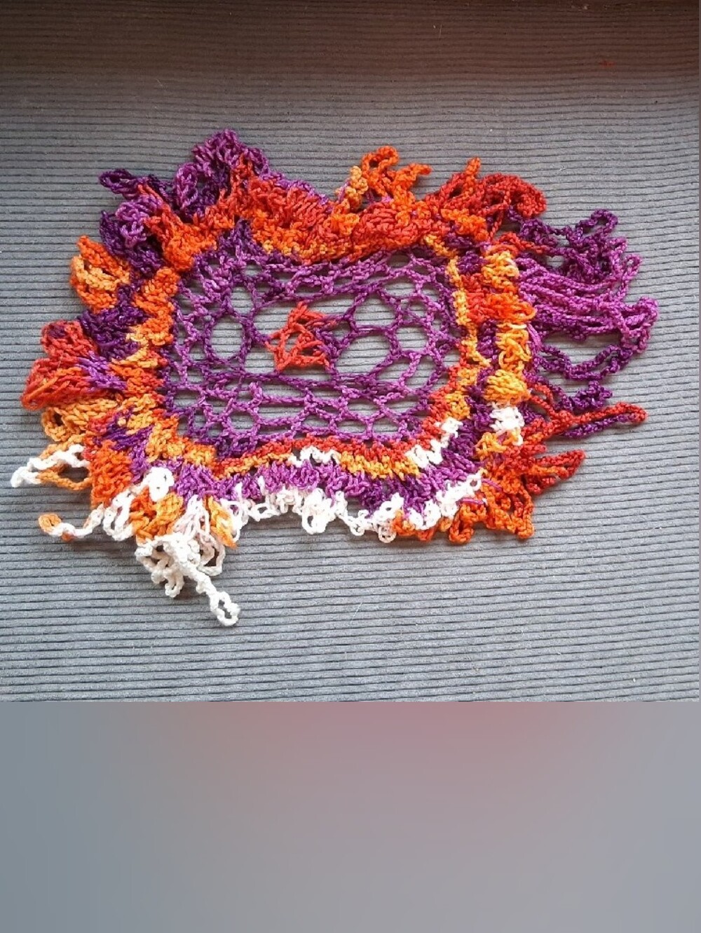 Handmade Crochet Accent in Purple, Orange & White